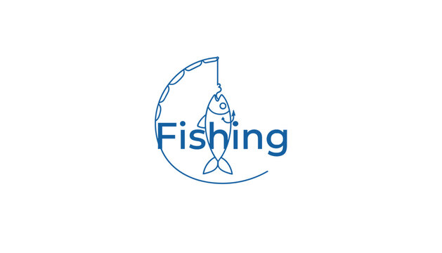 Simple line art logo design of a caught fish hanging on a hook with fishing rod arc and clean typography on a white background.