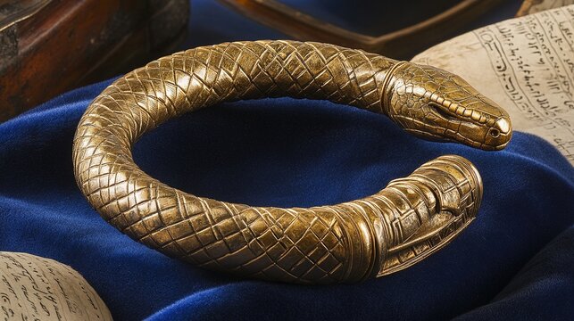 armlet. Golden serpent armlet on blue velvet with aged papyrus scrolls, historical elegance. event programs, museum guides, designed for cultural heritage projects and event programs.