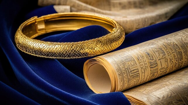 armlet. Golden serpent armlet on blue velvet with aged papyrus scrolls, historical elegance. event programs, museum guides, designed for cultural heritage projects and event programs.