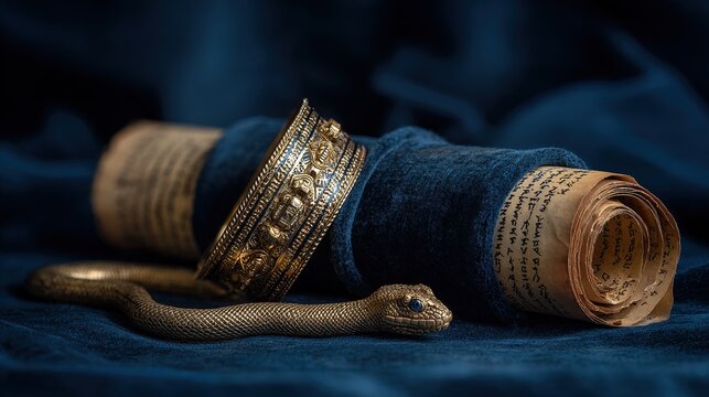 armlet. Golden serpent armlet on blue velvet with aged papyrus scrolls, historical elegance. event programs, museum guides, designed for cultural heritage projects and event programs.