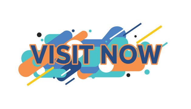 Bold blue visit now button text overlaid on a vibrant background of abstract orange and teal capsule design shapes.