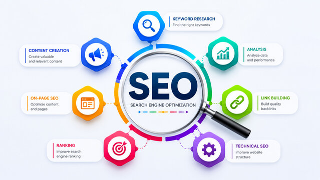 An infographic showing search engine optimization core concepts inside a magnifying glass frame.