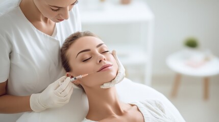 Obraz premium Dermatologist administers facial filler injection to a young woman in a modern clinic for aesthetic enhancement.