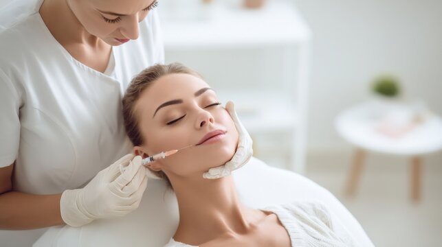 Dermatologist administers facial filler injection to a young woman in a modern clinic for aesthetic enhancement.