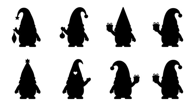 Christmas gnome silhouettes set, Scandinavian tomte vector icons, holiday garden gnomes with gifts and ornaments for winter crafting