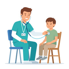 Fototapeta premium A friendly male nurse named Ben performs a medical checkup on a young boy using a stethoscope in a bright vector illustration.