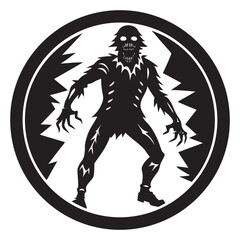 Fototapeta premium Black and white circular emblem featuring a menacing silhouette of a standing monster or zombie creature with sharp claws, jagged teeth, and a tattered, ragged clothing style