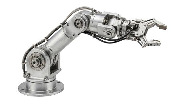 Industrial robotic arm with manipulator gripper for automation manufacturing assembly and precision engineering tasks.