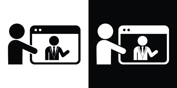 Vector icon depicting a person interacting with a businessman or digital consultant icon displayed on a web browser screen.