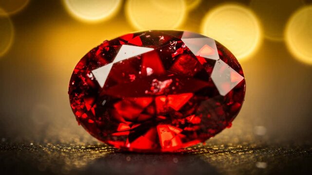Close up of a sparkling red ruby gemstone with bright golden bokeh lights background