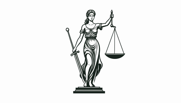 Lady Justice statue with scales and sword silhouette