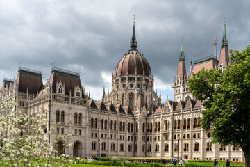 Obraz premium Detailed gothic architectural towers of Hungarian Parliament Building in Budapest