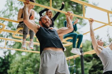 Fototapeta premium A muscular man performs a pull-up on yellow bars while friends cheer and sit above him. Casual outdoor gym workout shows a group exercising together and celebrating fitness.