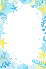 Seashells starfish and seaweed watercolor frame with a white background © Amrito