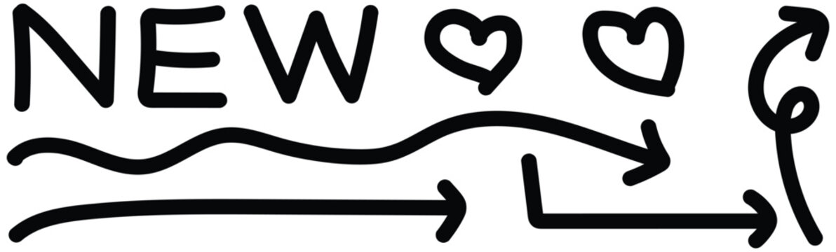 Hand drawn vector graphics with arrow pointing to new heart symbols