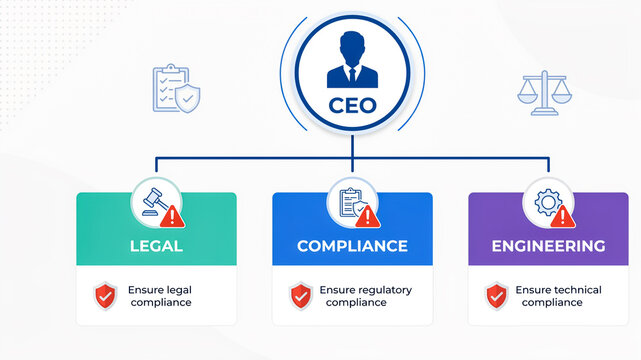 Corporate hierarchy chart showing ceo with legal compliance and engineering departments.