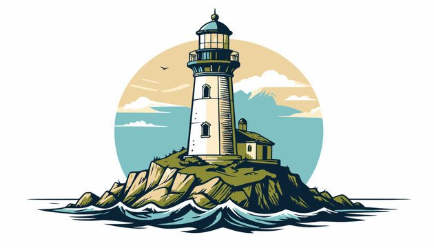 Lighthouse on rocky island coastal illustration