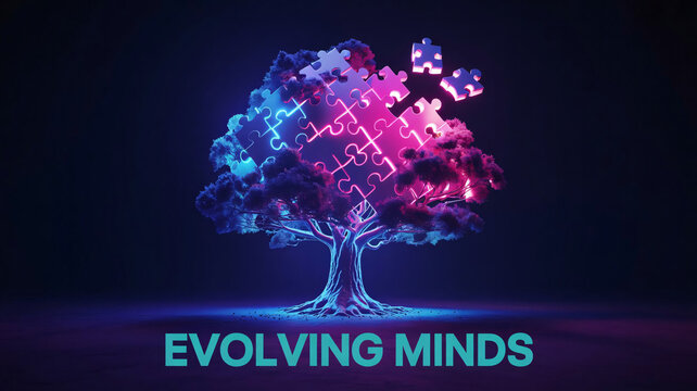 Tree silhouette constructed from interlocking puzzle pieces radiates neon light and symbolizes the complex growth of human thought within an evolving conceptual framework.