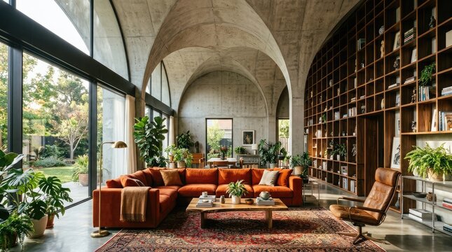 Modern living room with orange sofa and concrete vaulted ceiling