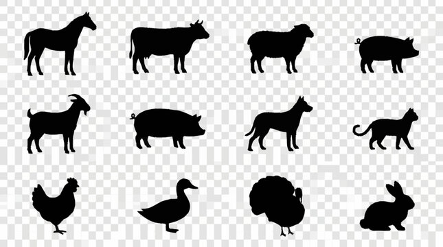 Black Silhouette Collection of Various Farm Animals.