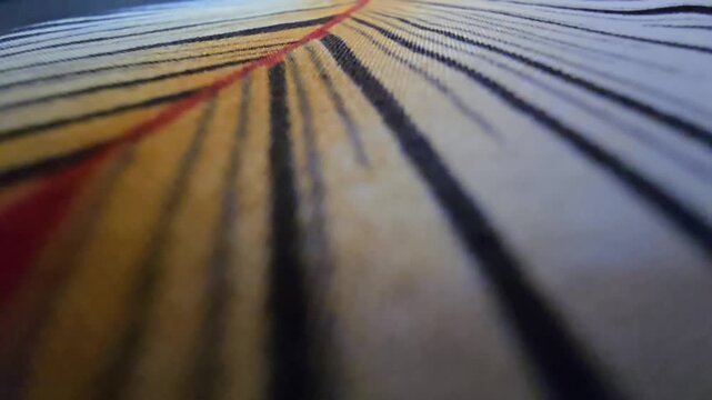 Macro close-up of a textured fabric with parallel mustard yellow, black, and white striped pattern and a bold central red line, high-quality textile background, abstract artistic woven material detail