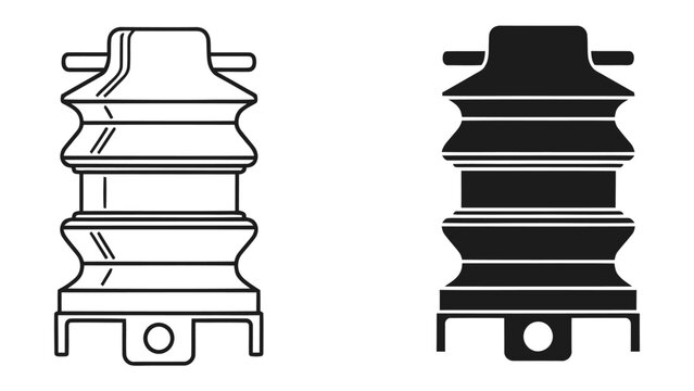 Electrical insulator: Two ceramic electrical insulators, one in line art and one in silhouette, showcase their ribbed design for high-voltage applications.