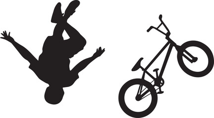 Obraz premium BMX freestyle rider performing aerial backflip stunt silhouette vector illustration isolated on white background, extreme cycling sports action concept