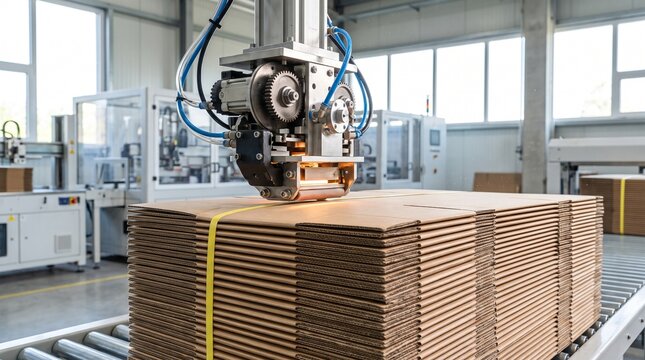 Automated machine stacking cardboard boxes in warehouse