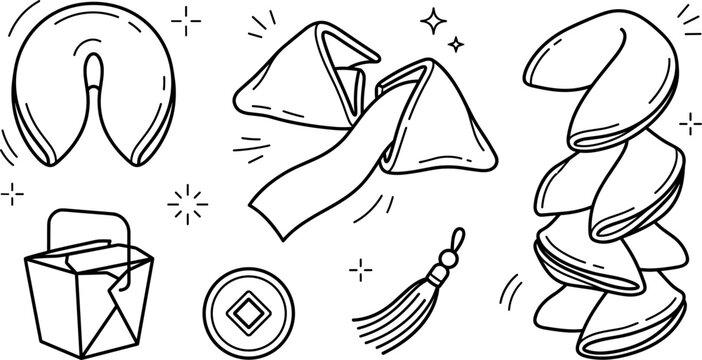 Chinese Fortune Cookies and Takeout Box Vector Line Art Set with Broken Cookie, Paper Note, Stacked Piles, Lucky Coin, and Tassel Icons
