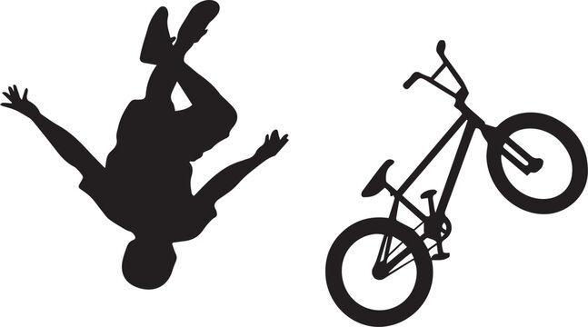 BMX freestyle rider performing aerial backflip stunt silhouette vector illustration isolated on white background, extreme cycling sports action concept