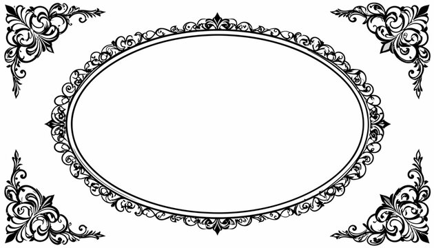 Ornate double-line oval frame with flourish corners.