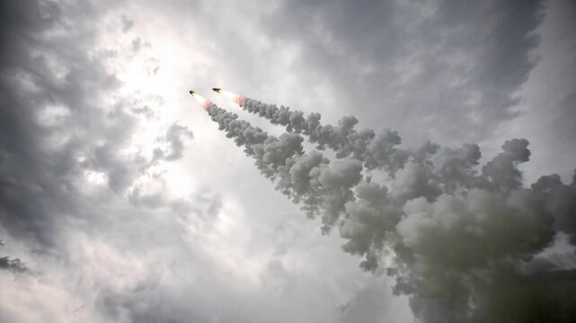 Two rockets launching into cloudy sky with smoke trails and bright flames in dramatic atmosphere