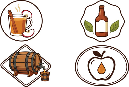 Artisan Hard Cider and Mulled Apple Beverage Logo Set Featuring Steaming Mugs with Cinnamon Sticks Glass Bottles Wooden Oak Barrels and Distillery Emblem Graphics