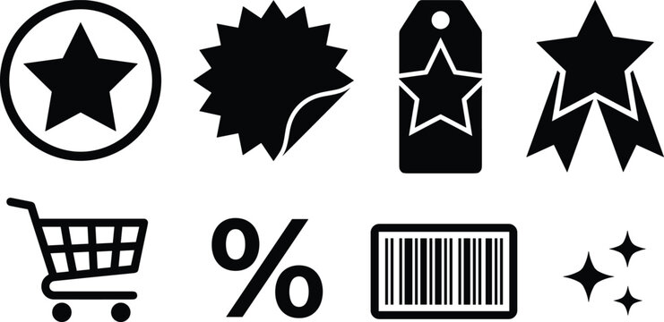Ecommerce Retail Shopping Silhouette Icon Set with Discount Badge, Star Label, Price Tag, Barcode, and Cart Graphic Elements