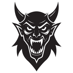 Fototapeta premium Black and white of a demonic creature head with sharp horns, pointed ears, and an aggressive expression with bared teeth, isolated on a white background, for print