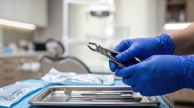 Dentist holding forceps above sterile tray