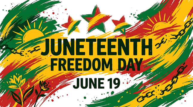 Colorful juneteenth freedom day celebration graphic design with stars and sunburst