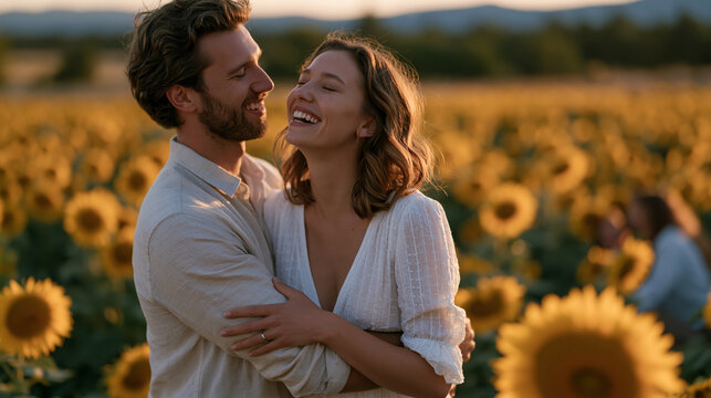 Engagement session with couple in a sunflower field at golden hour, man lifting woman from behind as she tilts head back laughing, her ring hand extended against his forearm, warm harvest season agr