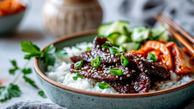 Traditional korean marinated beef rice bowl with cucumber kimchi and green onions, cucumber