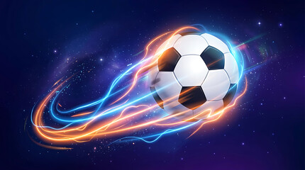 Naklejka premium Futuristic soccer ball with speed light trail against cosmic background