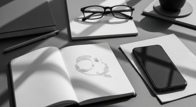 Minimalist flatlay workspace with open notebook, glasses, and smartphone