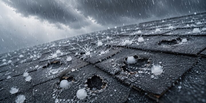 Close-up of hail damaging an asphalt shingle roof during a severe storm. Roofing damage, insurance claim, extreme weather, and property protection concept. Horizontal banner