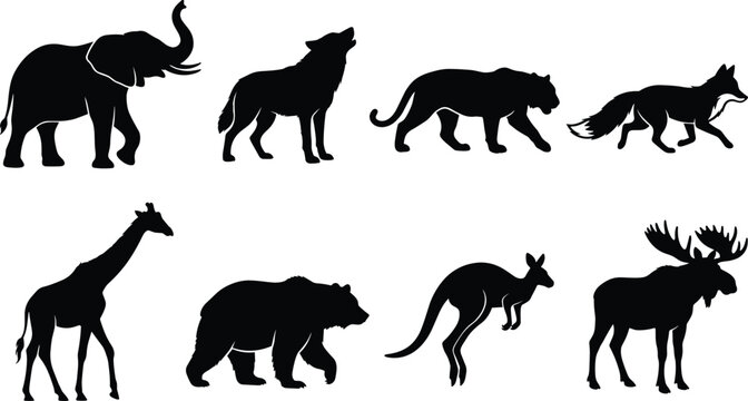 Black silhouette icons of diverse animals including elephant, wolf, big cat, fox, giraffe, bear, kangaroo, and moose for wildlife design