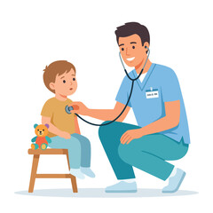 Obraz premium A friendly male nurse in blue scrubs uses a stethoscope to examine a young boy sitting on a stool with his teddy bear during a medical checkup.
