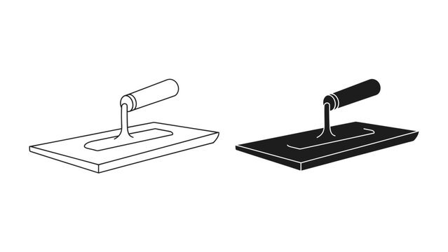 Plastering Trowel Icon: A minimalist graphic representation of a plastering trowel, presented in both outline and solid silhouette, suitable for construction and DIY projects.