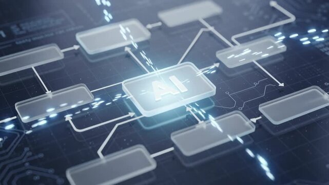 Futuristic digital interface with artificial intelligence concept and flowchart on transparent screen