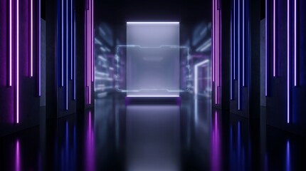 Fototapeta premium Abstract Metaverse E-Commerce Background with Empty Glowing Holographic Display Screen and Symmetrical Purple and Blue Neon Light Pillars on Dark Reflective Floor