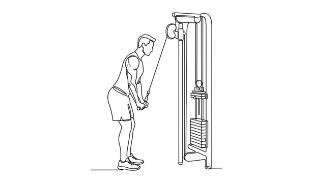 Man Doing Cable Tricep Pushdown One Line Drawing Vector Illustration
