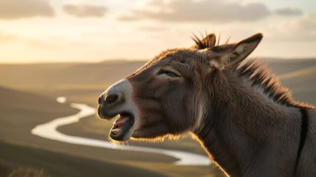 donkey braying in tuscan countryside italy golden light beautiful landscape background close up video