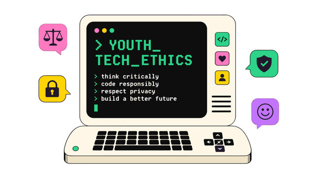 Laptop computer displaying code and youth ethics on screen.